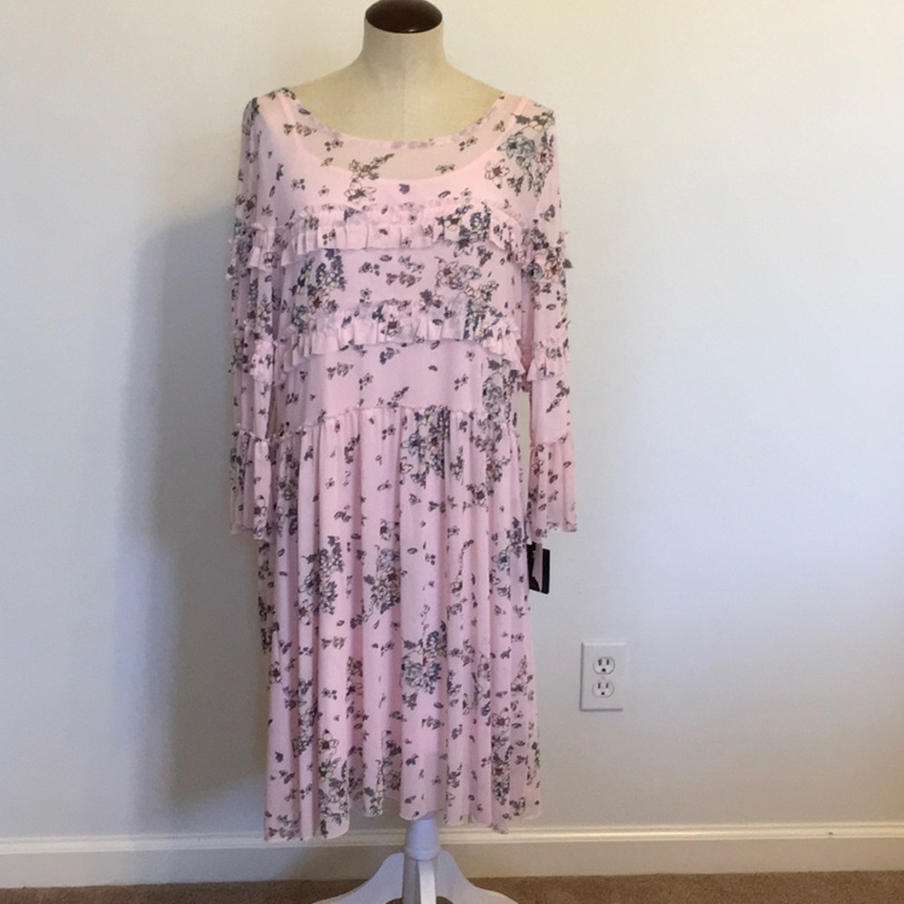 Takara Tiered Lightweight Knit Flounce Pink Floral Baby Doll Dress Size XL